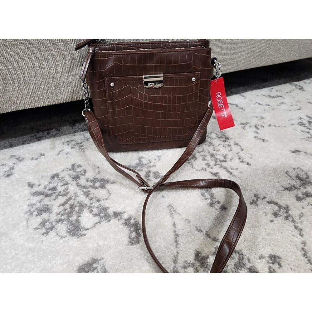 NEW Rosetti Maeve Crossbody Brown Mud Croco Hand Bag Zipper Pockets Chain Strap